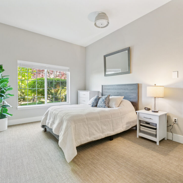 Bright, peaceful bedroom with large window, soft carpet, and inviting bed for restful living.