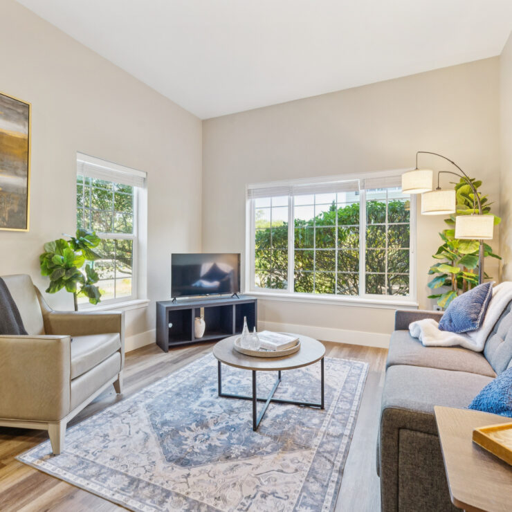 Bright living room with comfortable seating, natural light, and welcoming decor for social gatherings.