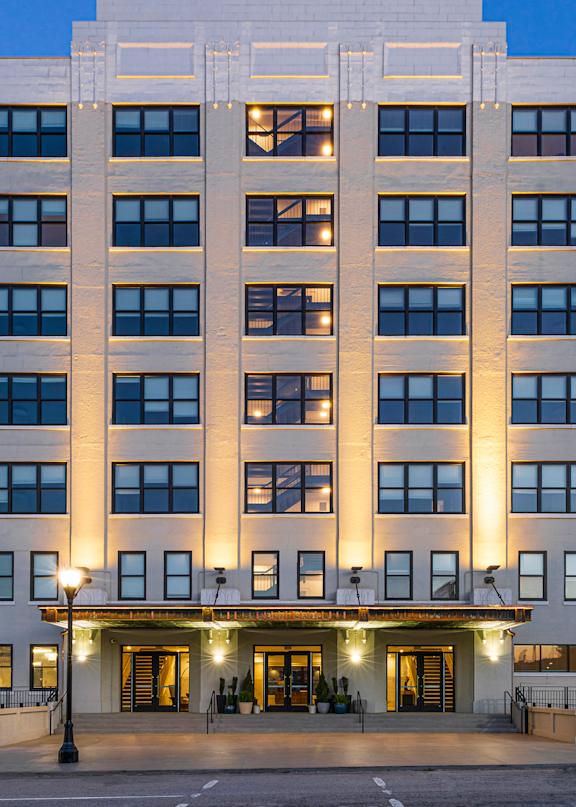 Building front entrance at Lofts at Centennial Yards, Atlanta, Georgia