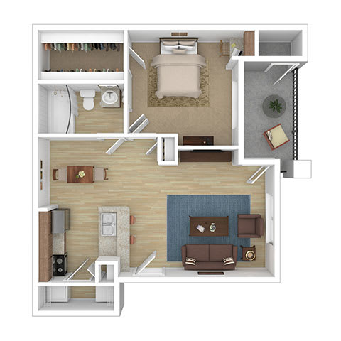 A top-down view of a small apartment with a bedroom, living room, and kitchen.