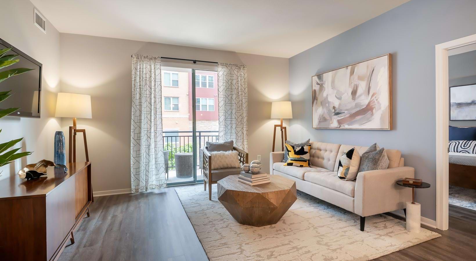 a living room with a couch and a coffee table