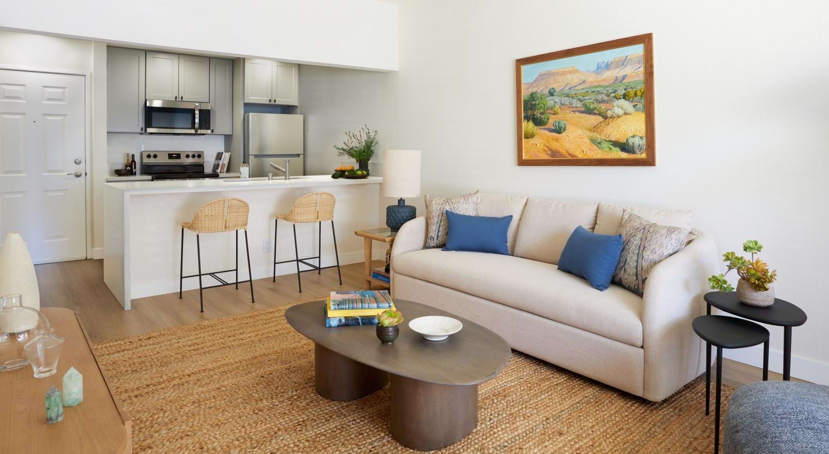 a living room with a couch and a table