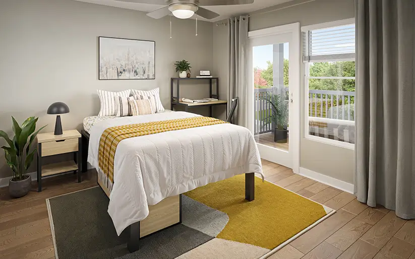 Furnished bedroom with balcony