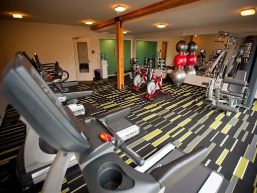 Two Bedroom Apartments in South Seattle, WA - Greenhouse - 24-Hour Fitness Center with Cardio Equipment, Weight Training Machine, Exercise Balls, and Mirror Wall.