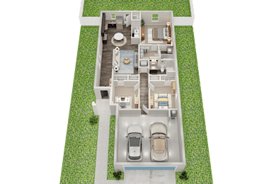 A 3D rendered image of a house with a garage.