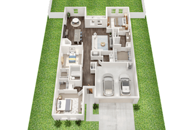 A 3D floor plan of a house with two bedrooms, two bathrooms, a living room, a kitchen, and a garage.
