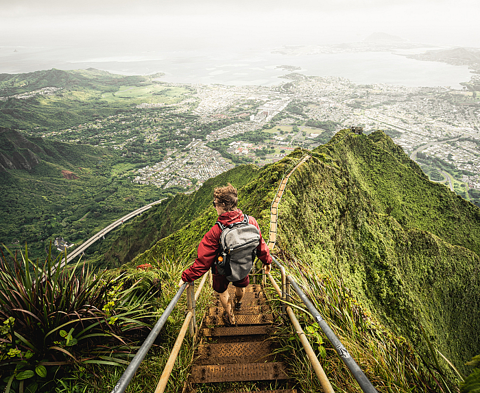 Breathtaking view from a mountain trail with a scenic landscape of lush greenery and expansive city vistas in the background.