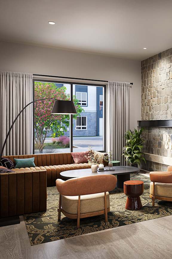 A modern living room with a fireplace and a sign that says "Rowlen".