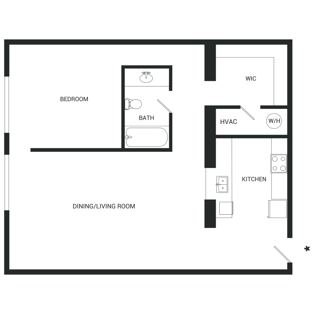 A 3D rendered image of a modern, minimalist living room and kitchen area.
