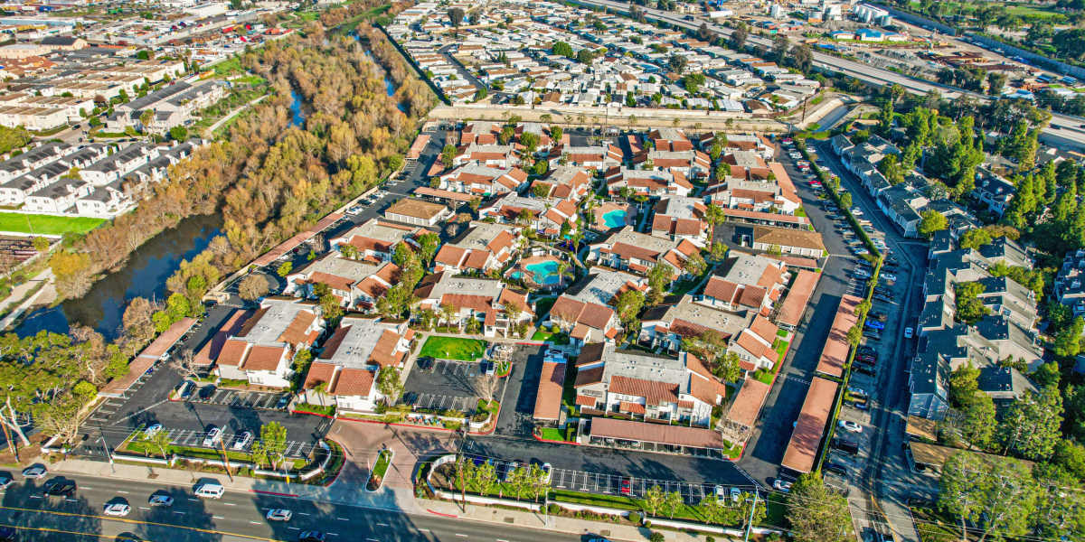 Aerial view of Properties at Portofino Townhomes in Wilmington, California