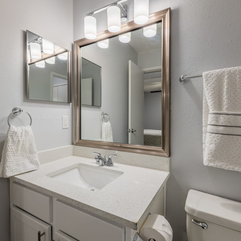 a bathroom with a white sink and mirror at The Lakebridge Townhomes