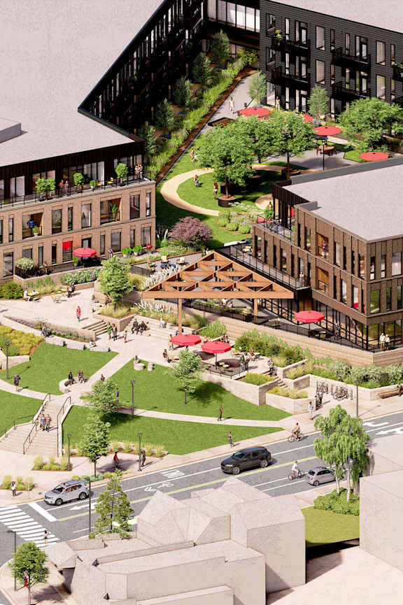 A rendering of a city intersection with a large building in the background.