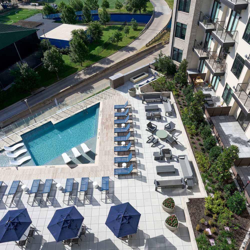 Aerial View of the Pool Area at Pearl Lofts in Dallas, Texas