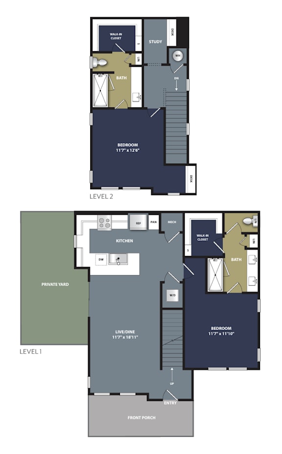 A floor plan of a two-level home with labeled rooms such as a study, bath, and kitchen.