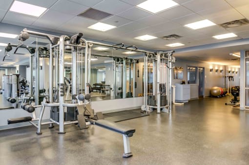 Multipurpose strength training machine in fitness center