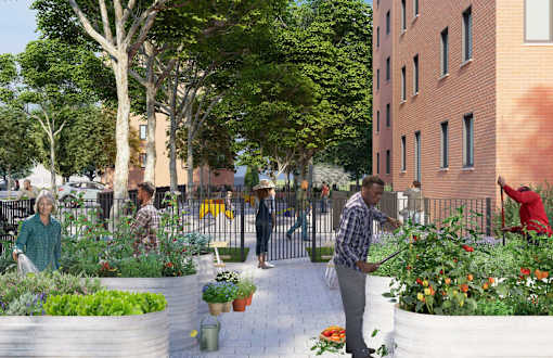 A group of people are tending to a garden in a courtyard.