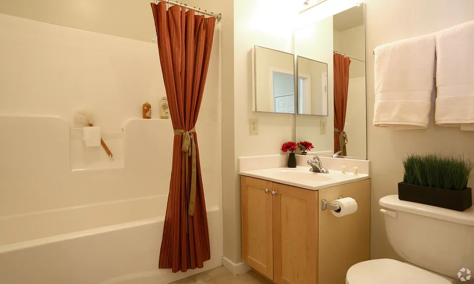 Stylish bathroom with a bathtub, red curtain, wooden vanity, and decorative plants.