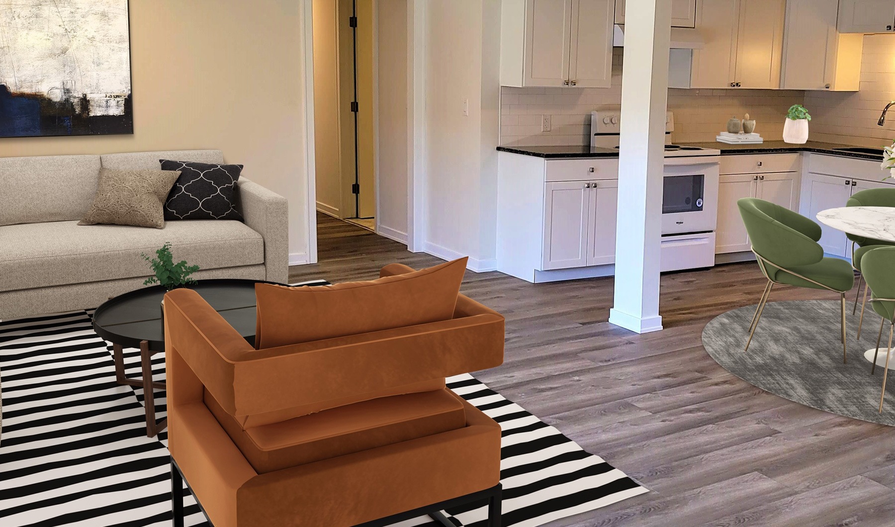 rendering of living and connected kitchen area on wood-style flooring