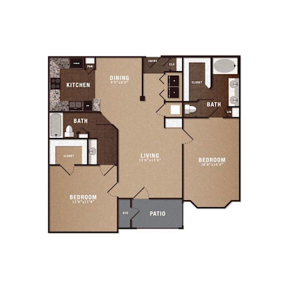 A brown floor plan of a house with a kitchen, living room, two bedrooms, a bathroom, a dining room, and a patio.