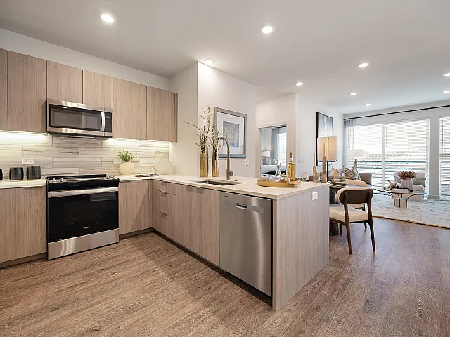 open-concept kitchen and living area with sleek wooden cabinets, stainless steel appliances, and stone counter and backsplash.