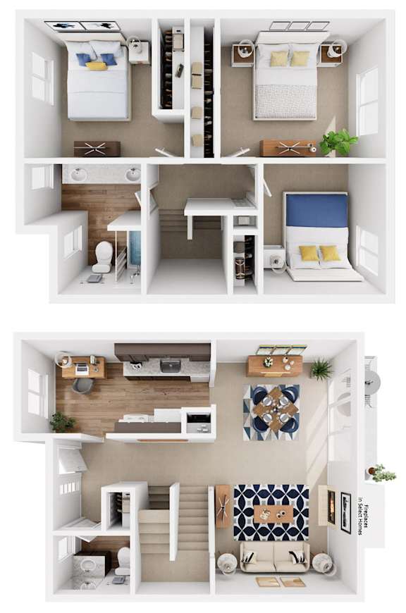 a 3d rendering of a bedroom and a living room