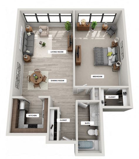 1 Bed 1 Bath Floor Plan with 1,020 Sq. Ft. at The Apartments at Denver Place Apartments in Denver, CO