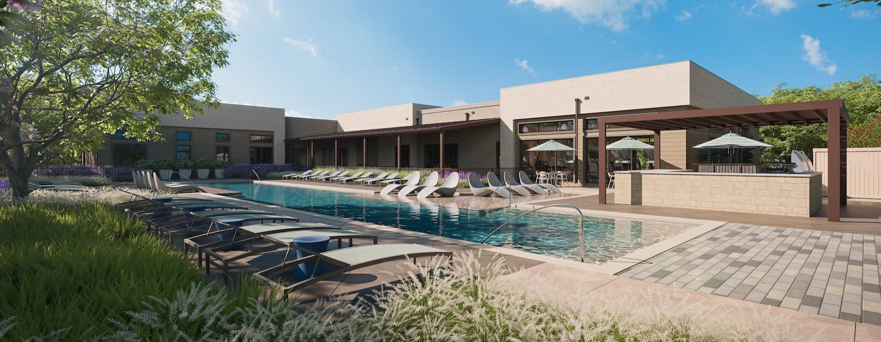 a swimming pool in front of a building