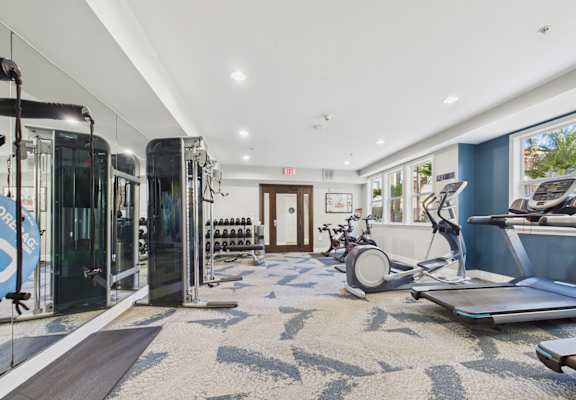 A gym with a variety of equipment including treadmills, exercise bikes, and weight racks.