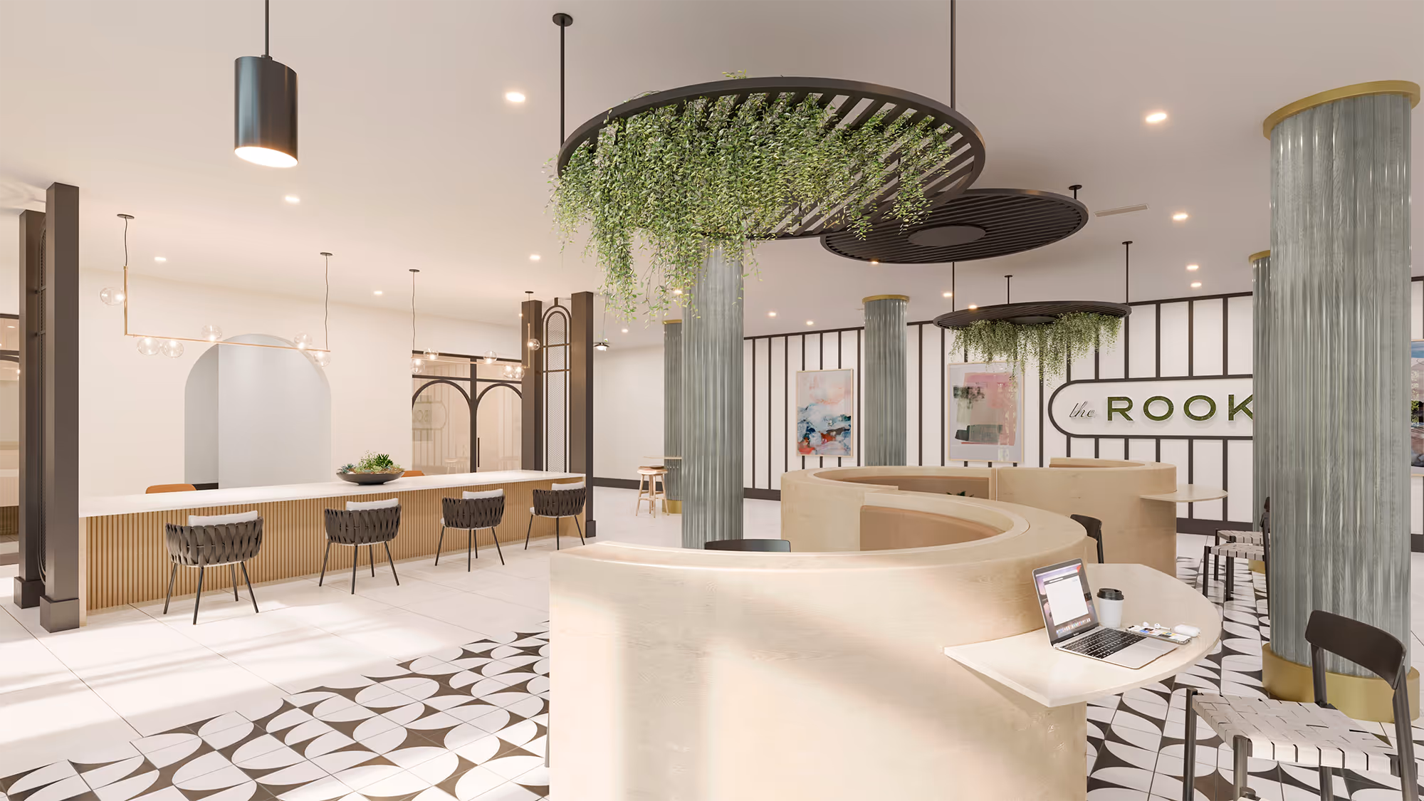 Lobby and clubhouse lounge with bar seating areas, and a distinctive black and white tiled floor at The Rook in Orlando, FL.