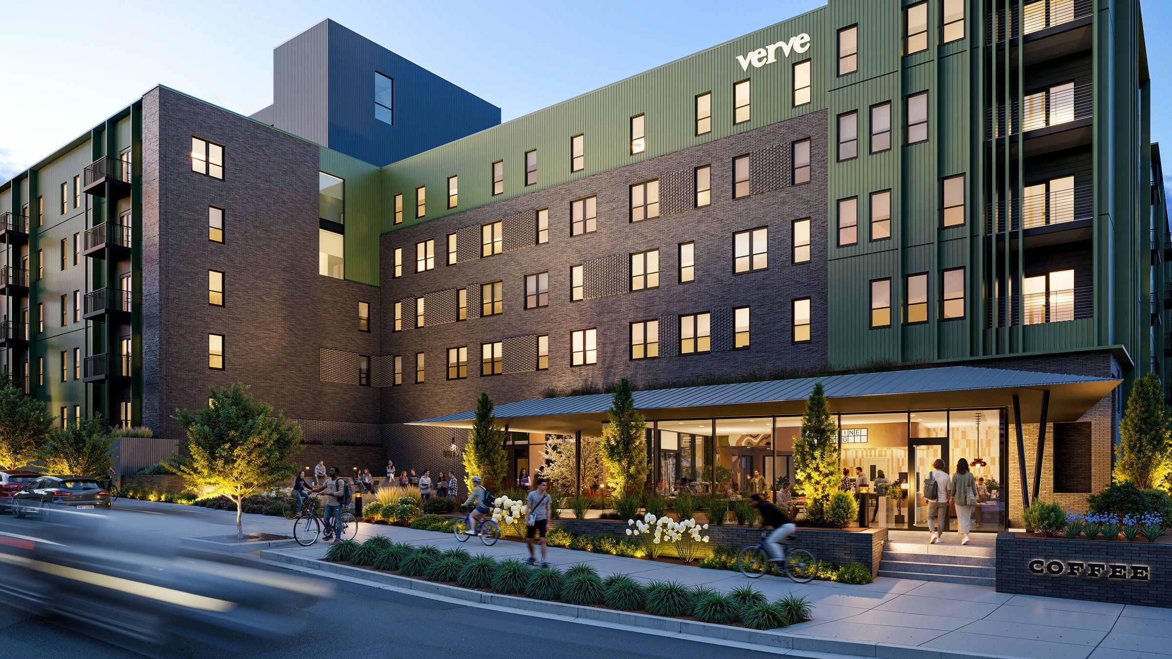 Modern multi-story apartment building with people outside, greenery, and a coffee shop on the ground floor.