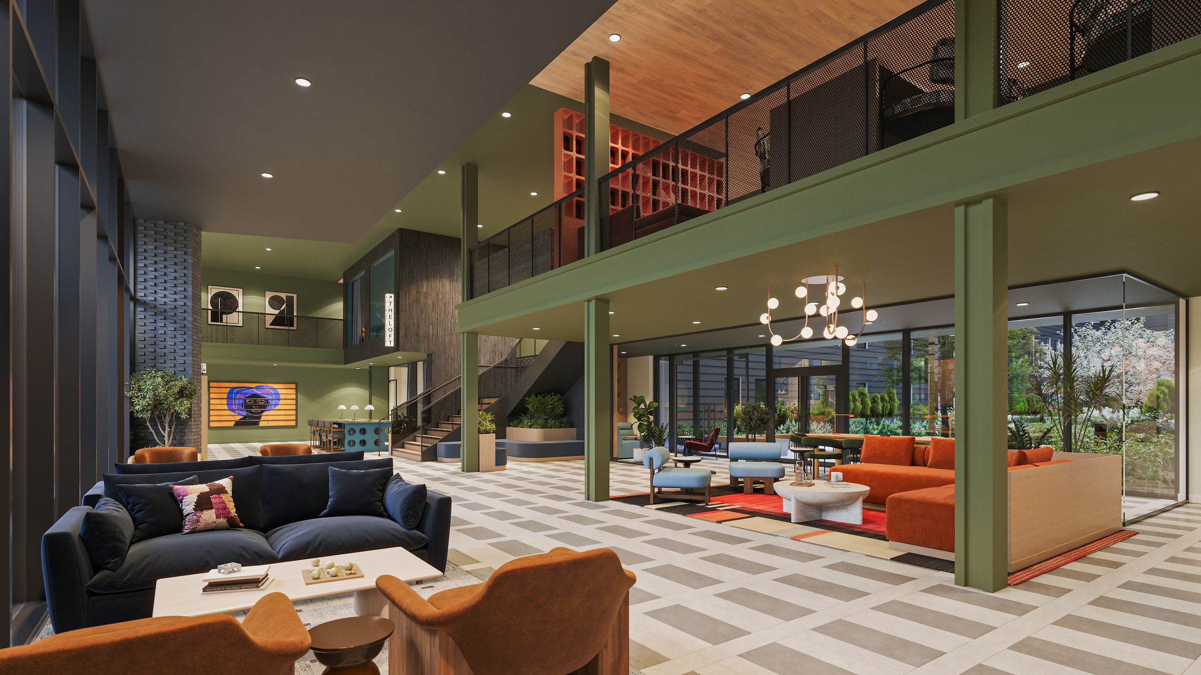 Modern hotel lobby with stylish seating, large windows, and contemporary decor in natural light.