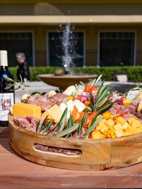 A beautifully arranged platter of wine, cheeses, and charcuterie invites warmth and community, showcasing a vibrant outdoor gathering.