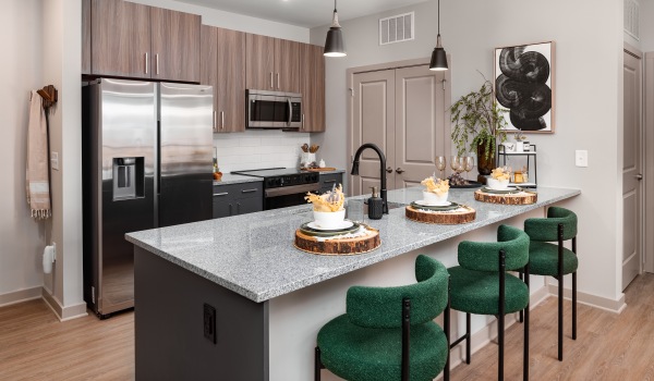 Luxury kitchen with breakfast bar at Ava Oakwood apartment complex in Gainesville	