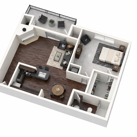 Elegant 3D floor plan featuring a spacious bedroom, modern kitchen, and cozy living area with hardwood flooring and a private balcony.