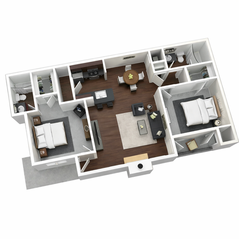 Modern 3D floor plan showcasing 2 bedrooms, a sleek open-concept living and dining area, a contemporary kitchen, and elegant hardwood floors.