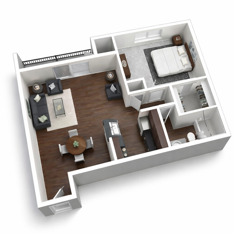 Chic 3D floor plan highlighting a modern one-bedroom apartment with a spacious living area, elegant kitchen, and sleek bathroom.