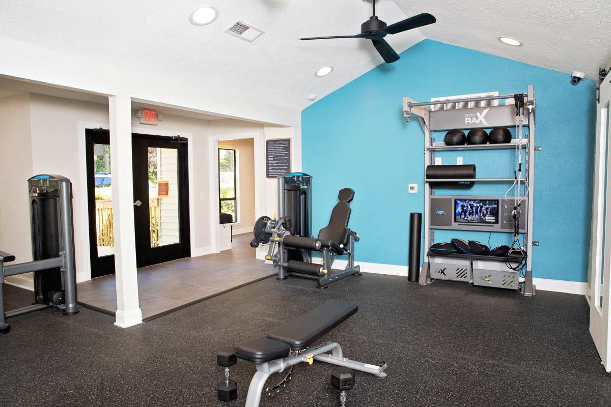 Well-equipped fitness center at Lake Lynn Reserve Apartments, Raleigh, North Carolina