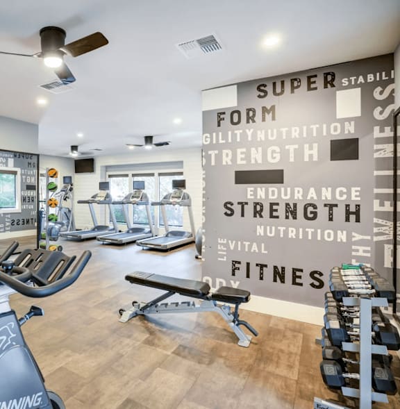 A gym with a row of stationary bikes and a wall of motivational words.