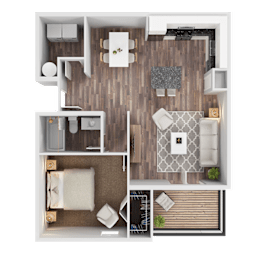 A top-down view of a modern apartment layout with a living room, kitchen, and bedroom.
