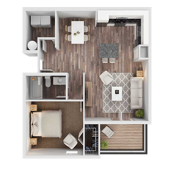 A top-down view of a modern apartment layout with a living room, kitchen, and bedroom.