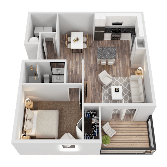 A 3D floor plan of a house with a living room, kitchen, and two bedrooms.