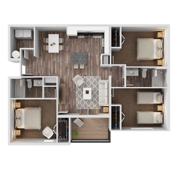 A top-down view of a house layout with a central living area, bedrooms, and bathrooms.