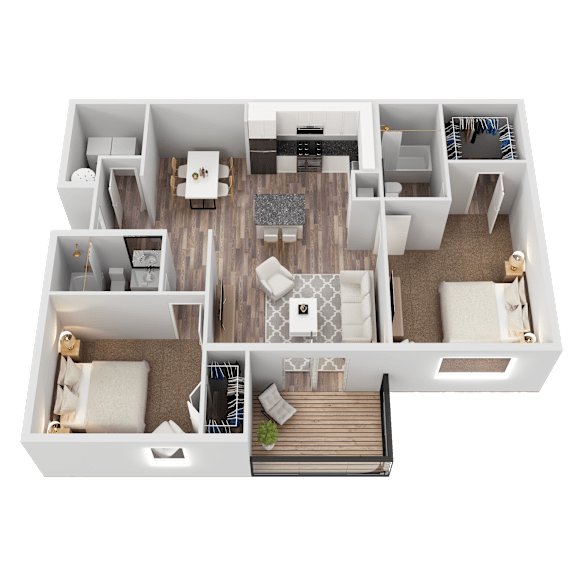 A top-down view of a house layout with a central living area, bedrooms, and bathrooms.