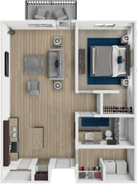 A 3D floor plan of a small apartment with a bedroom, living room, and kitchen.