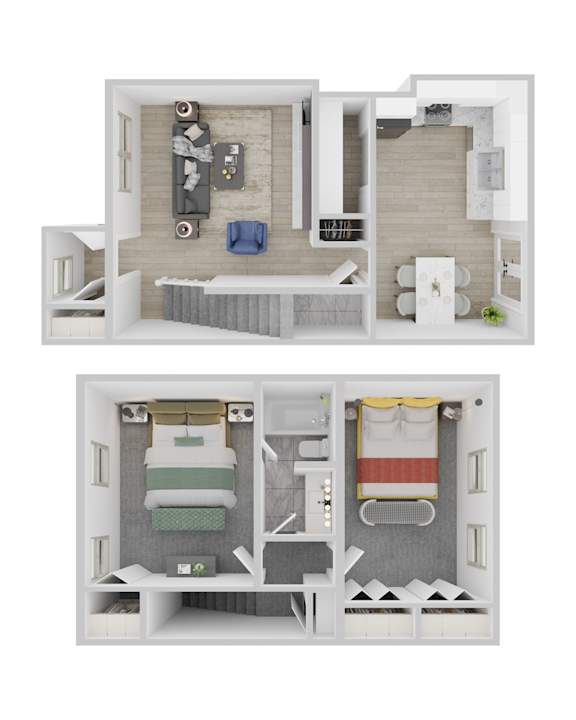 Parkins Ridge 2-bedroom floorplan. Downstairs has light brown LVT flooring, and the stairs and upstairs area have light gray carpet.