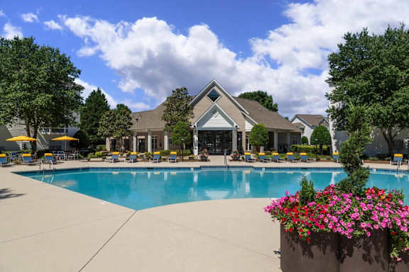 A large swimming pool surrounded by a patio with chairs and umbrellas.