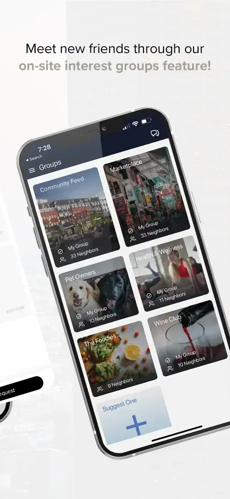 A smartphone displays a social media app interface with six interest groups, inviting users to connect.