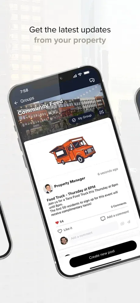 Smartphone displaying property updates, with a car cartoon, and social media-like posts.