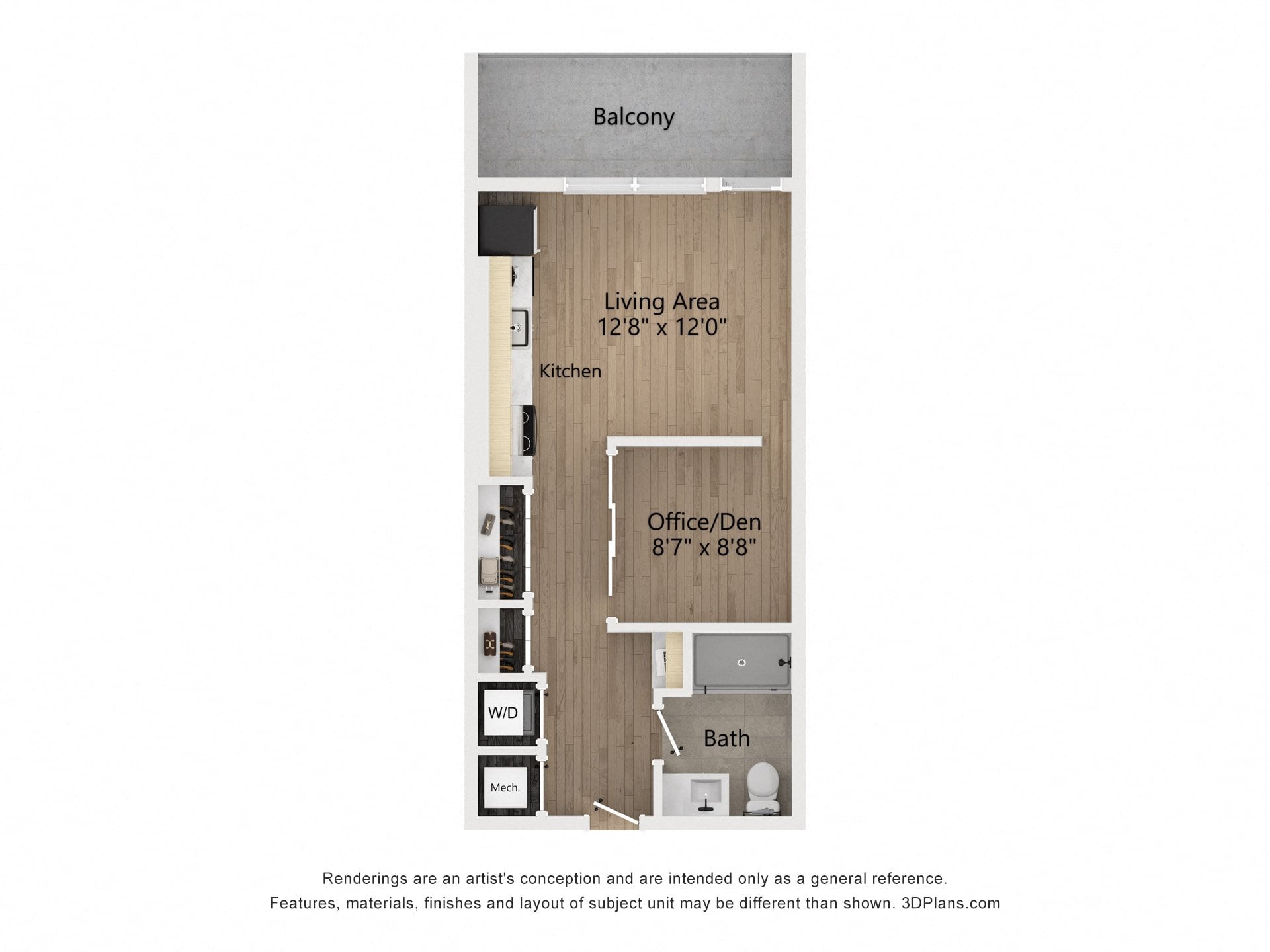a floor plan of a studio apartment with a bedroom and a closet