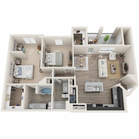 A top-down view of a small apartment with a kitchen, living room, and bathroom.